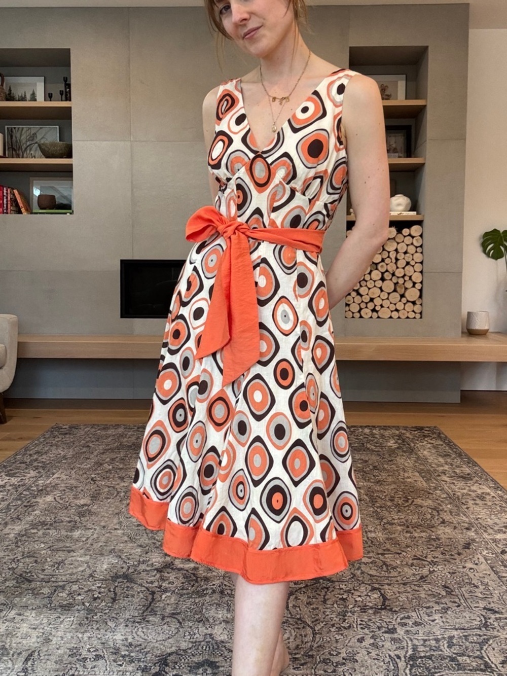 Vintage cotton and silk Retro Geo Print Orange sleeveless Dress